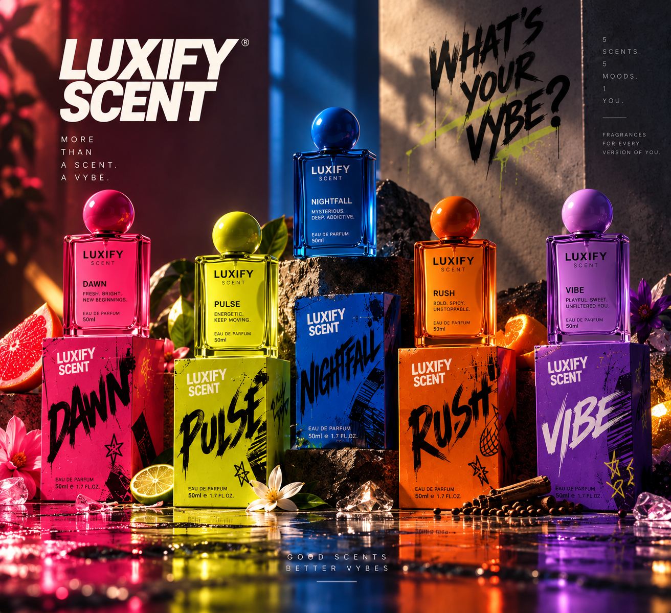 Luxify Scent concept visual: five colour-coded fragrance bottles on a neon-lit set
