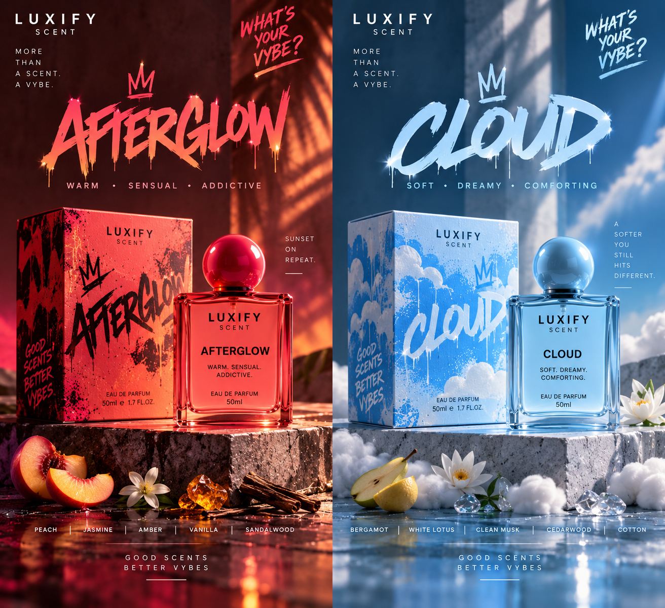 Luxify Scent concept posters for Afterglow and Cloud fragrances