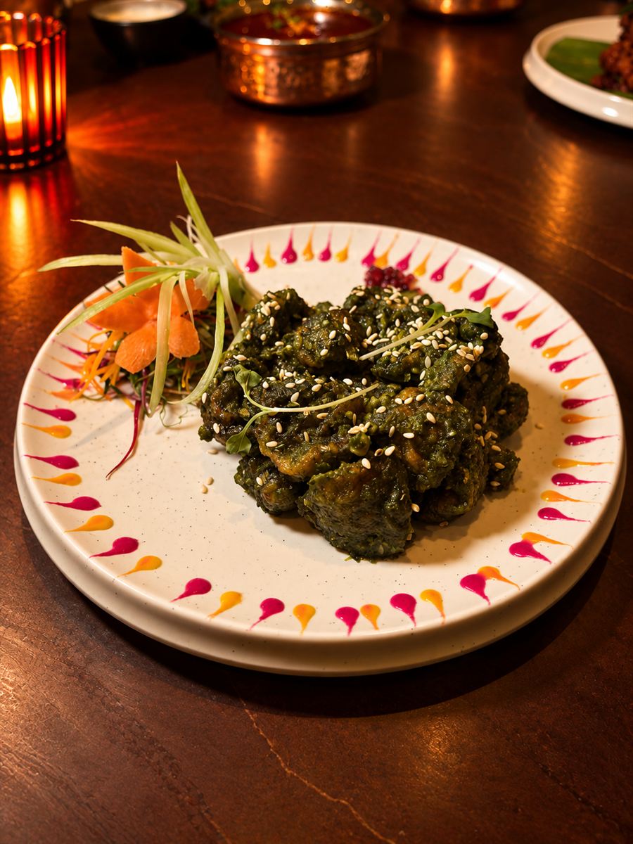 Green herb dish plated with microgreens on a patterned plate