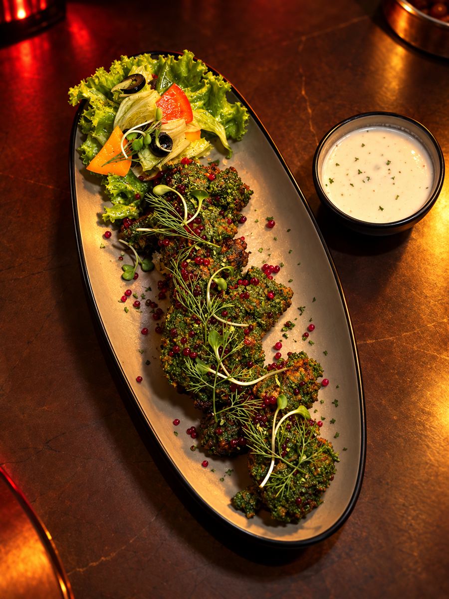 Herb-crusted kebabs on a long platter