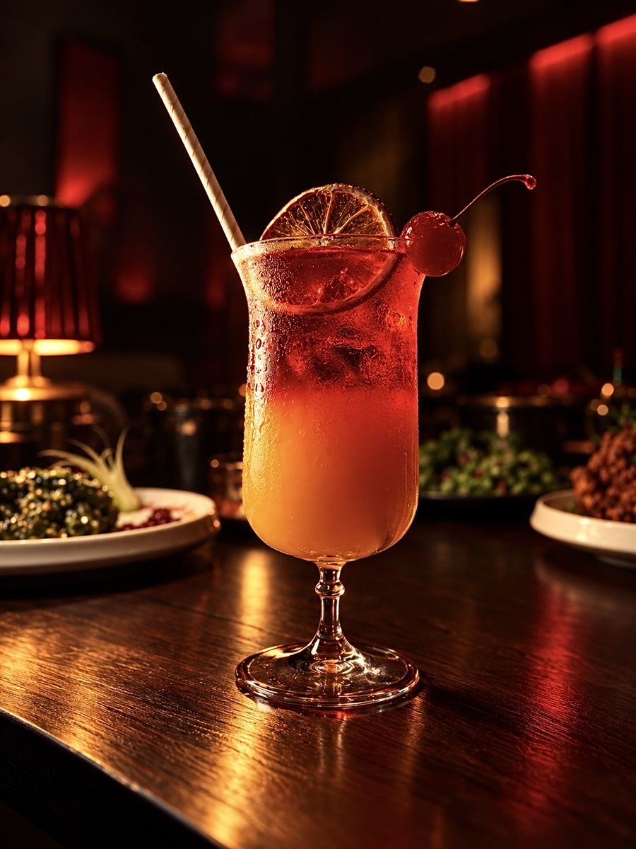 Pink cocktail with a cherry and citrus garnish