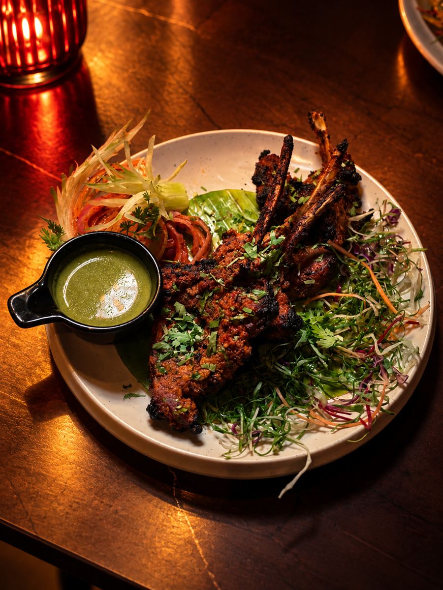 Lamb chops with greens and mint chutney