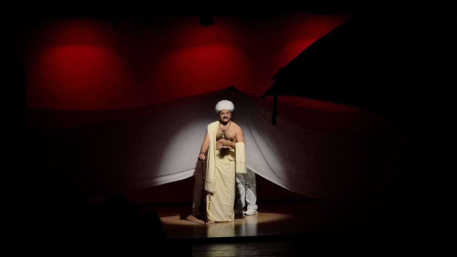 An actor alone in a spotlight beneath a draped canopy